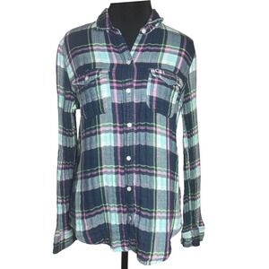 Gilly Hicks Sydney Pink Navy Plaid Button Down Flannel Womens Sz‎ S Cozy SOFT